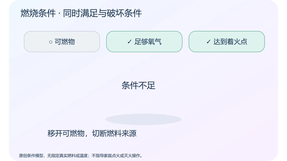 燃烧条件 · 同时满足与破坏条件 · 原创科学示意