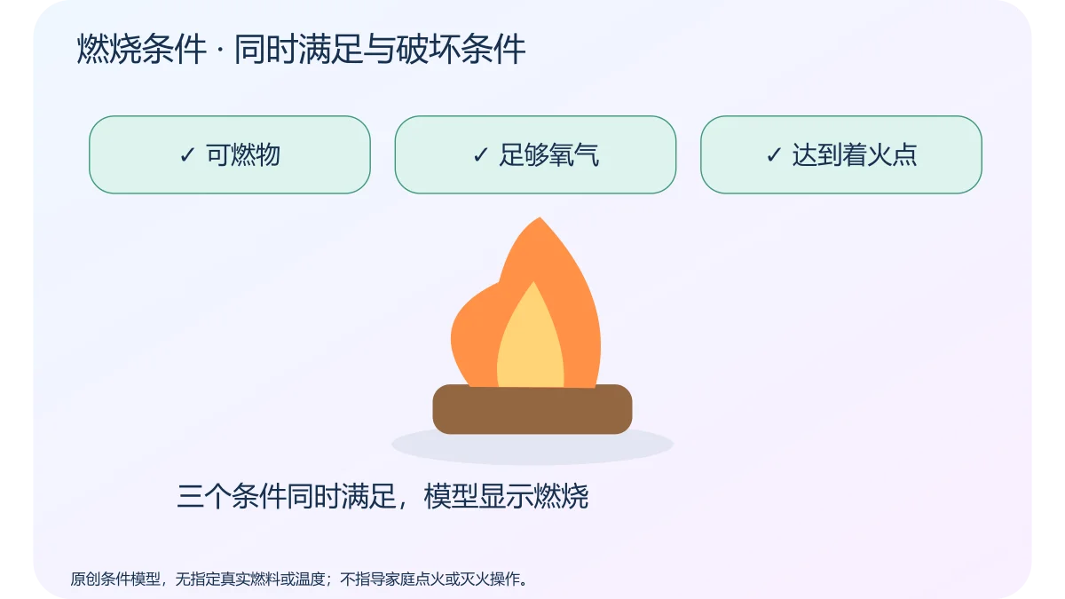 燃烧条件 · 同时满足与破坏条件 · 原创科学示意