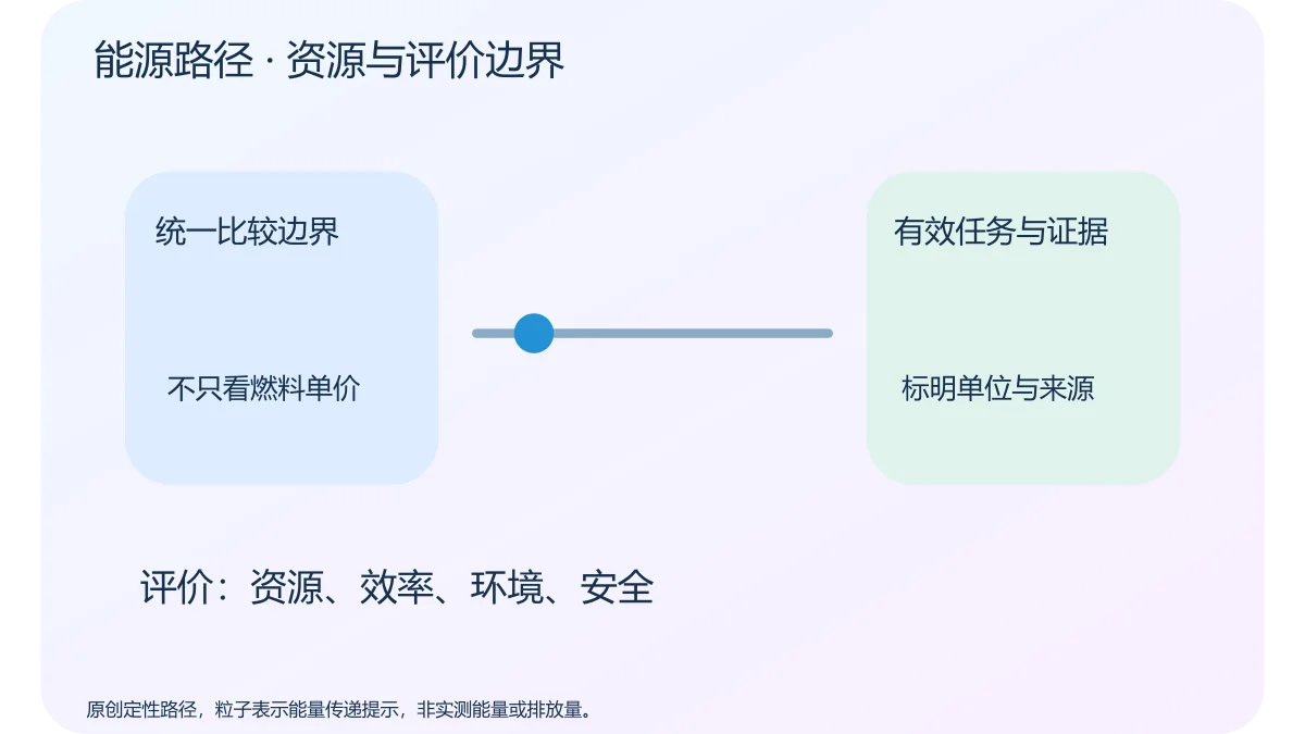 能源路径 · 资源与评价边界 · 原创科学示意