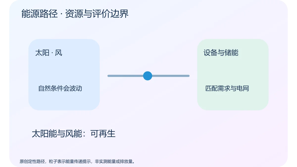 能源路径 · 资源与评价边界 · 原创科学示意