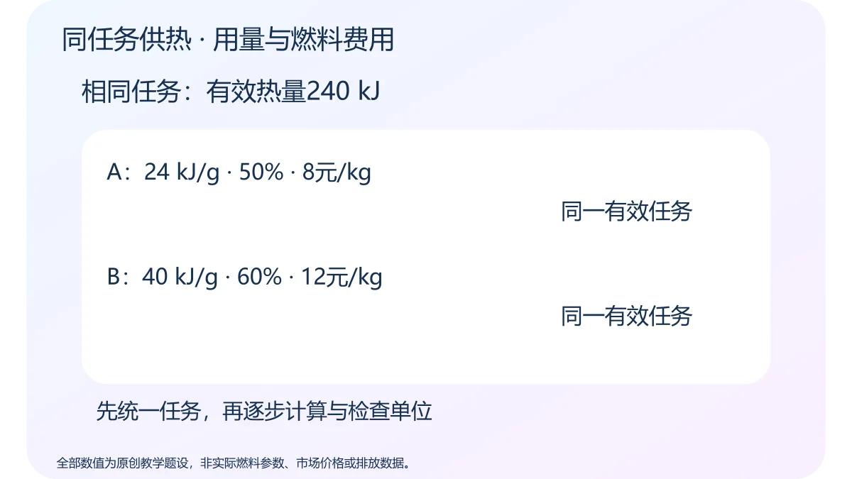 同任务供热 · 用量与燃料费用 · 原创科学示意