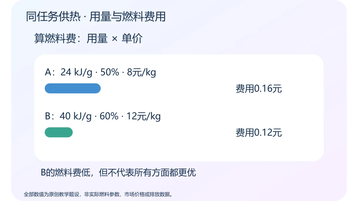 同任务供热 · 用量与燃料费用 · 原创科学示意